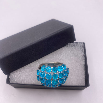 Vintage Silver Ring | Blue Fluorite Crystal Diamond Boho Cocktail | 925 Sterling Silver Something Blue Wedding Band Engagement Ring