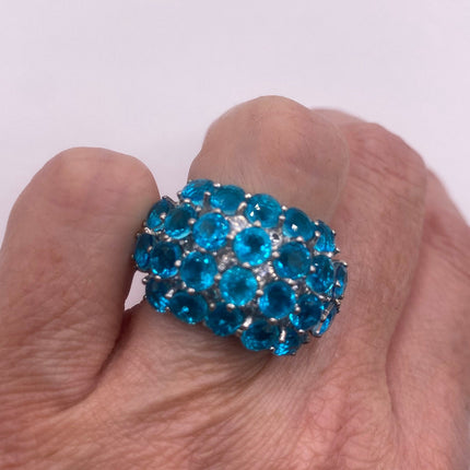 Vintage Silver Ring | Blue Fluorite Crystal Diamond Boho Cocktail | 925 Sterling Silver Something Blue Wedding Band Engagement Ring