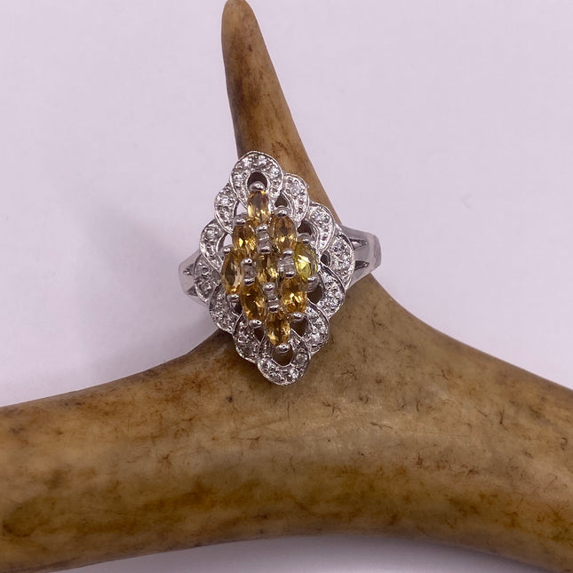 Vintage Silver Ring | Crystal Diamond Boho Cocktail | 925 Sterling Silver Antique Pave Set Wedding Band Engagement Ring