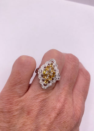 Vintage Silver Ring | Crystal Diamond Boho Cocktail | 925 Sterling Silver Antique Pave Set Wedding Band Engagement Ring