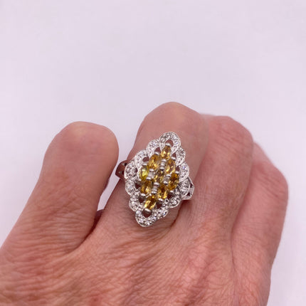 Vintage Silver Ring | Crystal Diamond Boho Cocktail | 925 Sterling Silver Antique Pave Set Wedding Band Engagement Ring