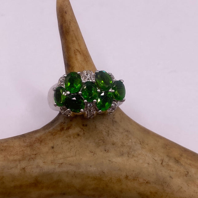 Vintage Silver Ring | Crystal Diamond Green Chrome Diopside Boho Cocktail | 925 Sterling Silver Antique Wedding Band Engagement Ring
