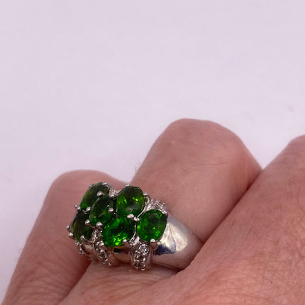 Vintage Silver Ring | Crystal Diamond Green Chrome Diopside Boho Cocktail | 925 Sterling Silver Antique Wedding Band Engagement Ring
