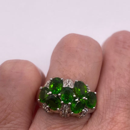 Vintage Silver Ring | Crystal Diamond Green Chrome Diopside Boho Cocktail | 925 Sterling Silver Antique Wedding Band Engagement Ring