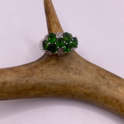 Vintage Silver Ring | Crystal Diamond Green Chrome Diopside Boho Cocktail | 925 Sterling Silver Antique Wedding Band Engagement Ring