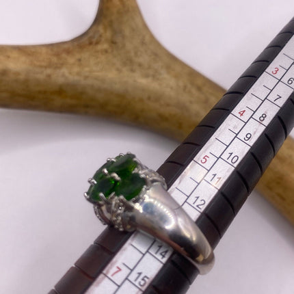 Vintage Silver Ring | Crystal Diamond Green Chrome Diopside Boho Cocktail | 925 Sterling Silver Antique Wedding Band Engagement Ring