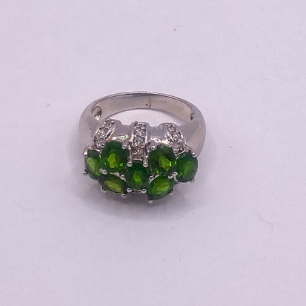 Vintage Silver Ring | Crystal Diamond Green Chrome Diopside Boho Cocktail | 925 Sterling Silver Antique Wedding Band Engagement Ring