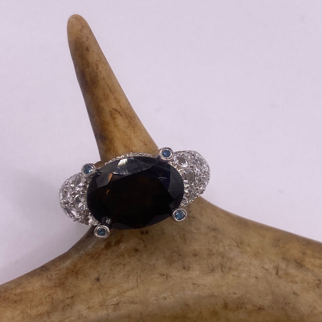 Vintage Silver Ring | Crystal Diamond Smoky Quartz Boho Cocktail | 925 Sterling Silver Antique Wedding Band Engagement Ring