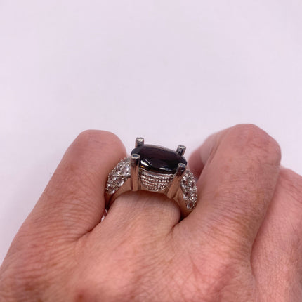 Vintage Silver Ring | Crystal Diamond Smoky Quartz Boho Cocktail | 925 Sterling Silver Antique Wedding Band Engagement Ring