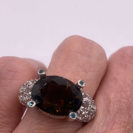 Vintage Silver Ring | Crystal Diamond Smoky Quartz Boho Cocktail | 925 Sterling Silver Antique Wedding Band Engagement Ring