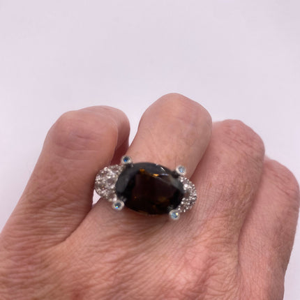 Vintage Silver Ring | Crystal Diamond Smoky Quartz Boho Cocktail | 925 Sterling Silver Antique Wedding Band Engagement Ring