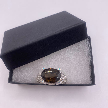Vintage Silver Ring | Crystal Diamond Smoky Quartz Boho Cocktail | 925 Sterling Silver Antique Wedding Band Engagement Ring