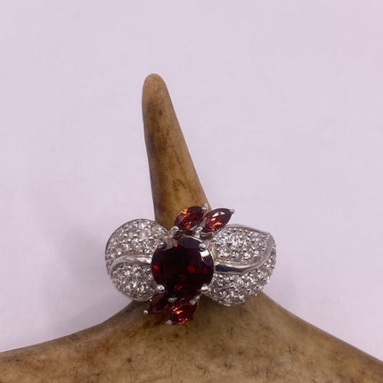 Vintage Silver Ring | Crystal Diamond Red Garnet Boho Cocktail | 925 Sterling Silver Antique Wedding Band Engagement Ring