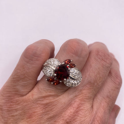 Vintage Silver Ring | Crystal Diamond Red Garnet Boho Cocktail | 925 Sterling Silver Antique Wedding Band Engagement Ring