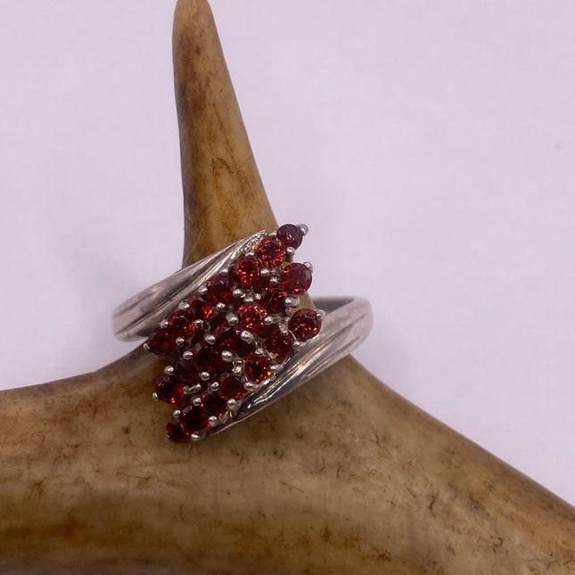 Vintage Silver Ring | Crystal Diamond Red Garnet Boho Cocktail | 925 Sterling Silver Antique Wedding Band Engagement Ring