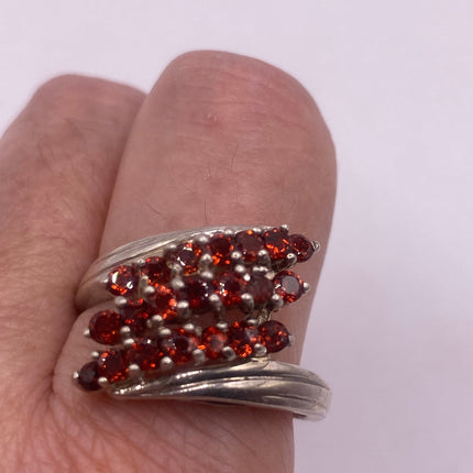 Vintage Silver Ring | Crystal Diamond Red Garnet Boho Cocktail | 925 Sterling Silver Antique Wedding Band Engagement Ring