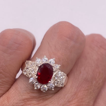 Vintage Silver Ring | Crystal Diamond Red Garnet Boho Cocktail | 925 Sterling Silver Antique Wedding Band Engagement Ring