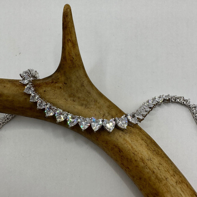 Vintage Silver Tennis Bracelet | Cubic Zirconia Crystal Diamond Gemstone Hearts | 925 Sterling Silver Dainty Stackable Tennis Bracelet