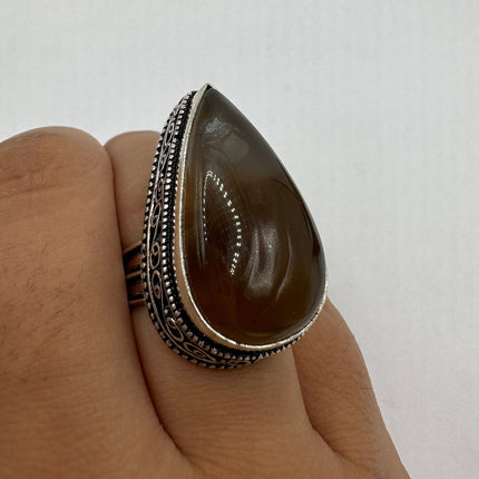 Vintage Gemstone Ring | Boho Deep Red Carnelian Silver Band | Silver Finished Bronze Statement Cocktail Ring