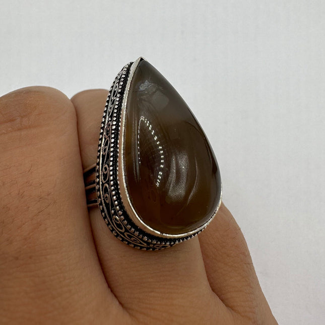 Vintage Gemstone Ring | Boho Deep Red Carnelian Silver Band | Silver Finished Bronze Statement Cocktail Ring