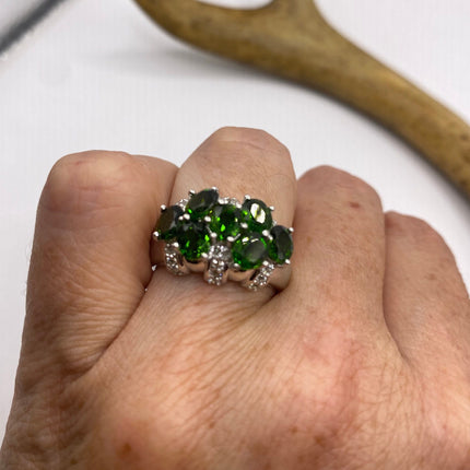 Vintage Silver Ring | Emerald Green Chrome Diopside White Sapphire Gemstone Multistone Cluster Cocktail | 925 Sterling Silver Wedding Band