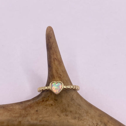Tiny Gold Ring | Mini White Fire Opal Gemstone Heart Stacking Promise | Golden 925 Sterling Silver Band Minimalist Prom Wedding Everyday