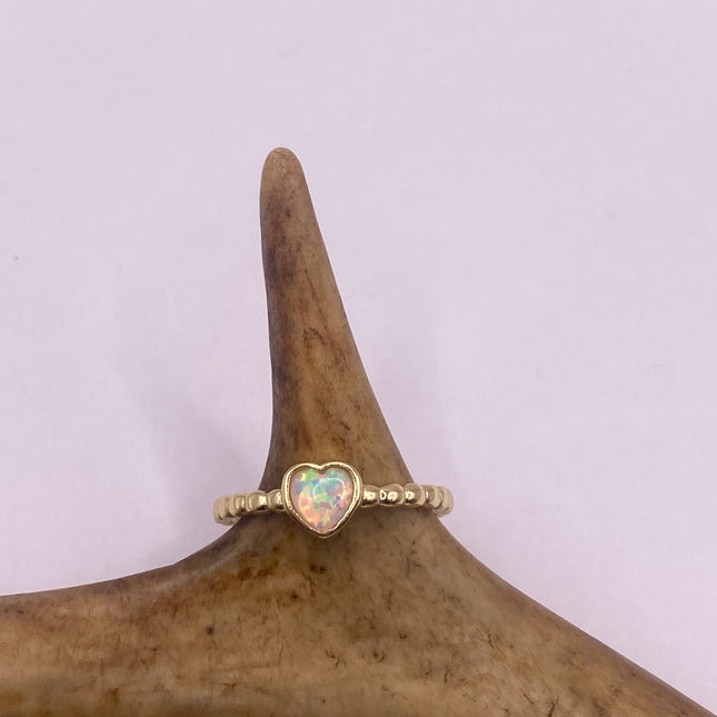 Tiny Gold Ring | Mini White Fire Opal Gemstone Heart Stacking Promise | Golden 925 Sterling Silver Band Minimalist Prom Wedding Everyday