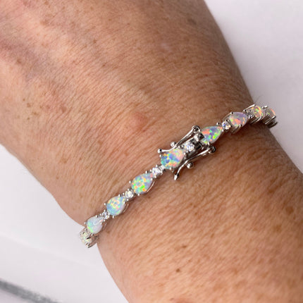 Vintage Silver Tennis Bracelet | White Fire Opal Gemstone CZ Crystal Diamond Birthstone Bracelet | 925 Sterling Silver