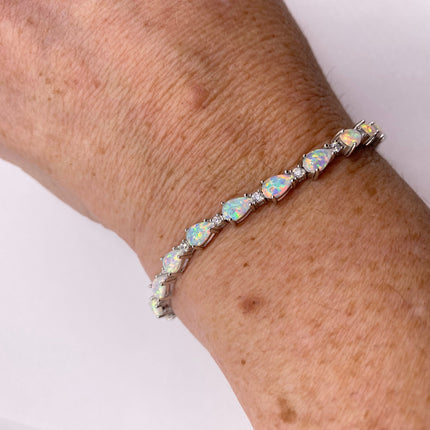 Vintage Silver Tennis Bracelet | White Fire Opal Gemstone CZ Crystal Diamond Birthstone Bracelet | 925 Sterling Silver