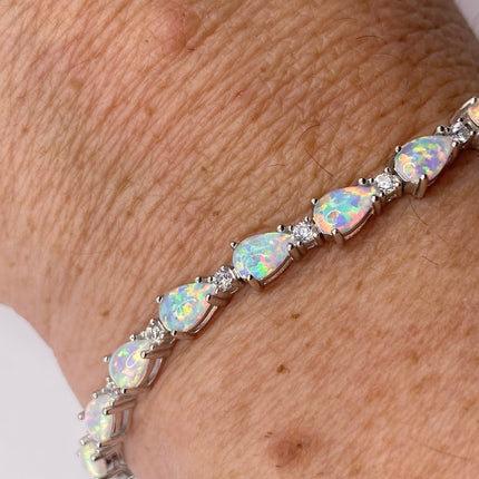 Vintage Silver Tennis Bracelet | White Fire Opal Gemstone CZ Crystal Diamond Birthstone Bracelet | 925 Sterling Silver