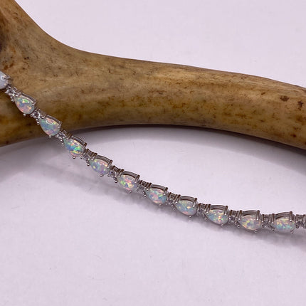 Vintage Silver Tennis Bracelet | White Fire Opal Gemstone CZ Crystal Diamond Birthstone Bracelet | 925 Sterling Silver