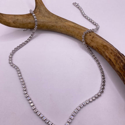 Vintage Silver Necklace | Bezel Set Cubic Zirconia Crystal Diamond Gemstone | 925 Sterling Silver Eternity Chain Tennis Necklace