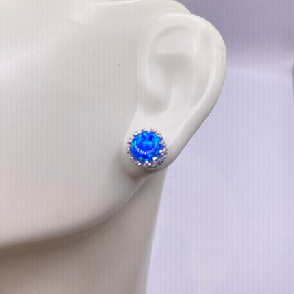 Tiny Silver Earrings | Mini Blue Fire Opal Gemstone | 925 Sterling Silver Dainty Stud Button Earrings