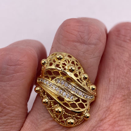 Vintage Gold Ring | Cubic Zirconia Crystal Diamond Gemstones 9k Gold Filled Band | Unique Gift Statement Cocktail Ring