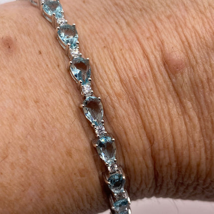 Vintage Silver Tennis Bracelet | Blue Topaz Gemstone Tiny Crystal Birthstone 925 Sterling Silver Box Bracelet | Something Blue