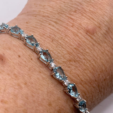 Vintage Silver Tennis Bracelet | Blue Topaz Gemstone Tiny Crystal Birthstone 925 Sterling Silver Box Bracelet | Something Blue