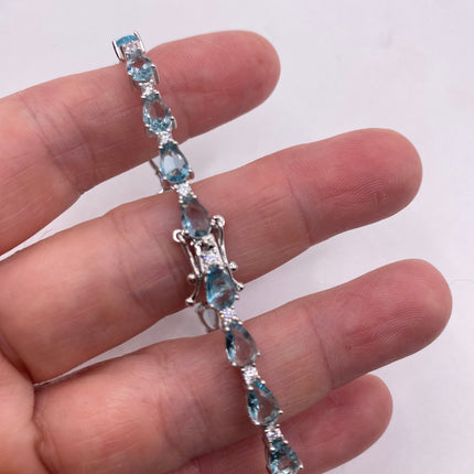 Vintage Silver Tennis Bracelet | Blue Topaz Gemstone Tiny Crystal Birthstone 925 Sterling Silver Box Bracelet | Something Blue