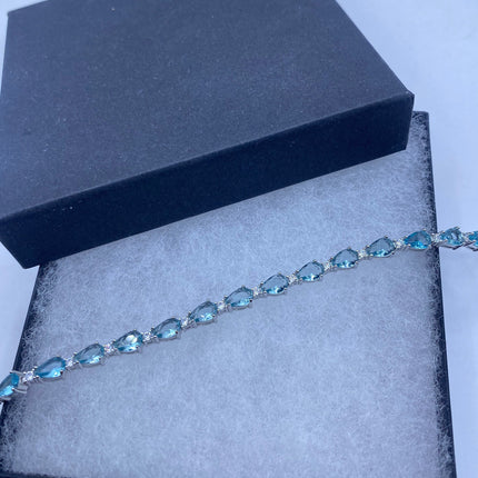 Vintage Silver Tennis Bracelet | Blue Topaz Gemstone Tiny Crystal Birthstone 925 Sterling Silver Box Bracelet | Something Blue