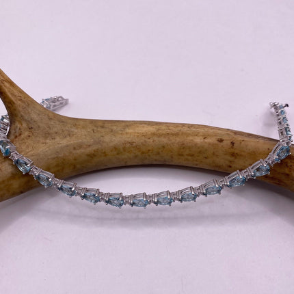 Vintage Silver Tennis Bracelet | Blue Topaz Gemstone Tiny Crystal Birthstone 925 Sterling Silver Box Bracelet | Something Blue