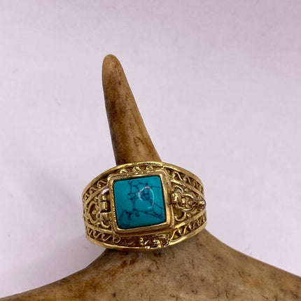 Vintage Gold Bronze Poison Ring | Turquoise Howlite Unique Gift Statement Ring