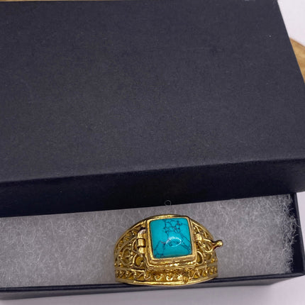 Vintage Gold Bronze Poison Ring | Turquoise Howlite Unique Gift Statement Ring