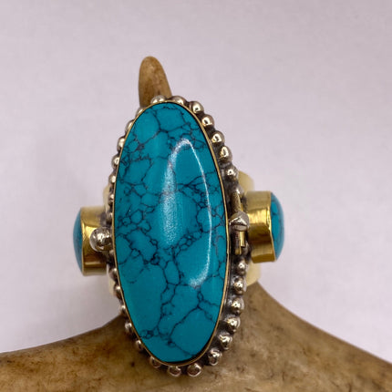 Vintage Gold Bronze Poison Ring | Turquoise Howlite Unique Gift Statement Ring