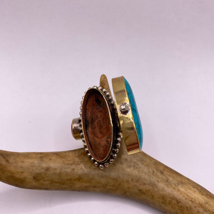 Vintage Gold Bronze Poison Ring | Turquoise Howlite Unique Gift Statement Ring