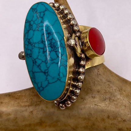 Vintage Gold Bronze Poison Ring | Turquoise Howlite Unique Gift Statement Ring