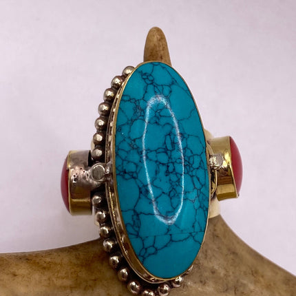 Vintage Gold Bronze Poison Ring | Turquoise Howlite Unique Gift Statement Ring