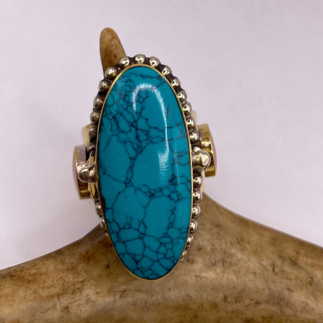 Vintage Gold Bronze Poison Ring | Turquoise Howlite Unique Gift Statement Ring
