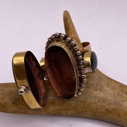Vintage Gold Bronze Poison Ring | Black Onyx | Unique Gift Statement Ring