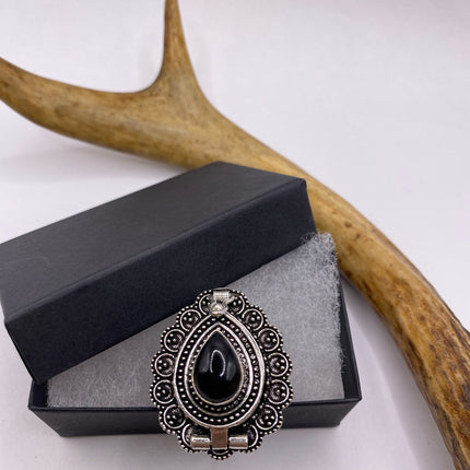 Vintage Silver Bronze Poison Ring | Black Onyx Unique Gift Statement Ring