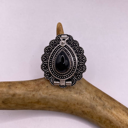 Vintage Silver Bronze Poison Ring | Black Onyx Unique Gift Statement Ring