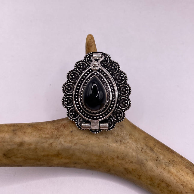 Vintage Silver Bronze Poison Ring | Black Onyx Unique Gift Statement Ring